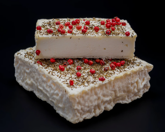 Cheese with Savory and Caramel Pink Peppercorns C.Mancha